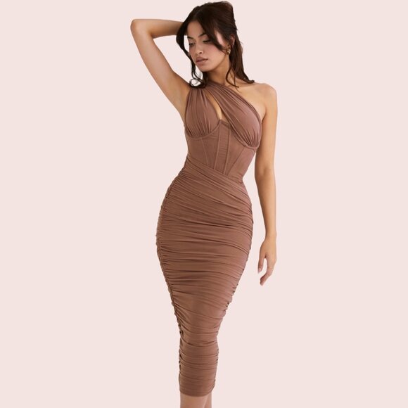 NEW House of CB Valentina Mocha Asymmetric Midi Dress, Size Small - Picture 1 of 10